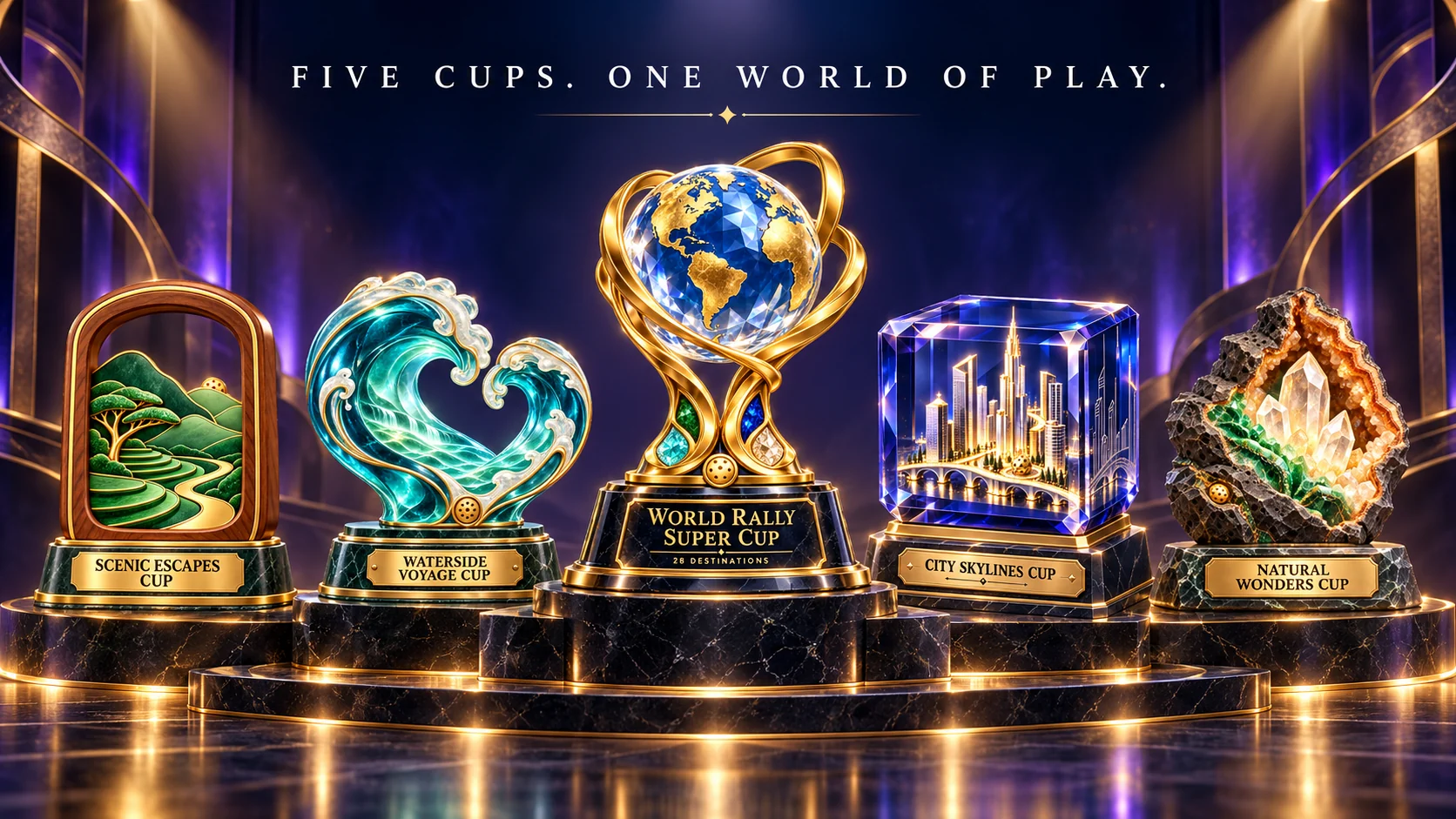 Promotional display of the five Super Rally cup designs