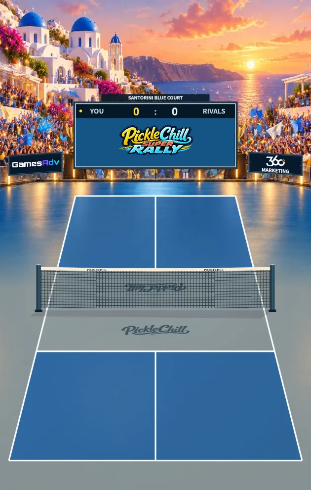 Actual Super Rally Santorini court preview with four numbered brand surfaces