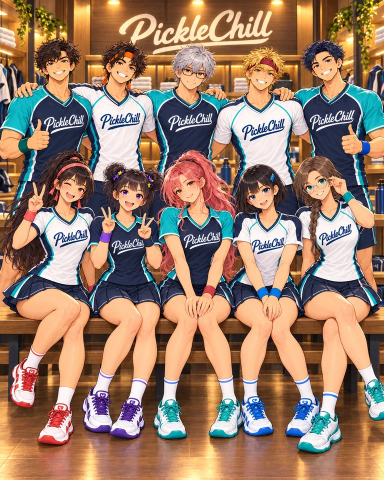 Ten fictional Super Rally characters wearing coordinated PickleChill team clothing